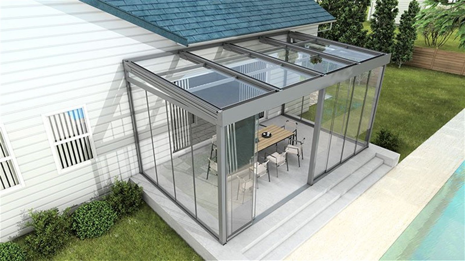 Glass-walled sunroom addition with insulated roof overlooking an Austin backyard