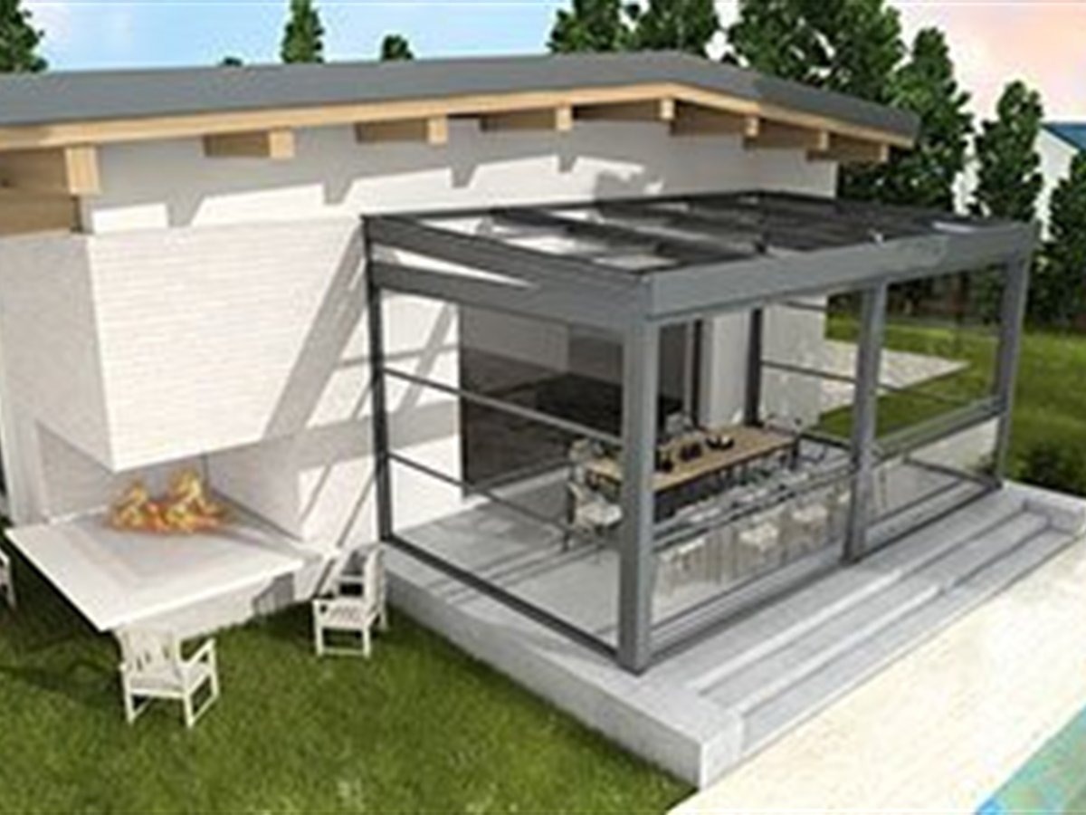 Interior of a sunroom with sliding glass walls, ceiling fan and tile floor